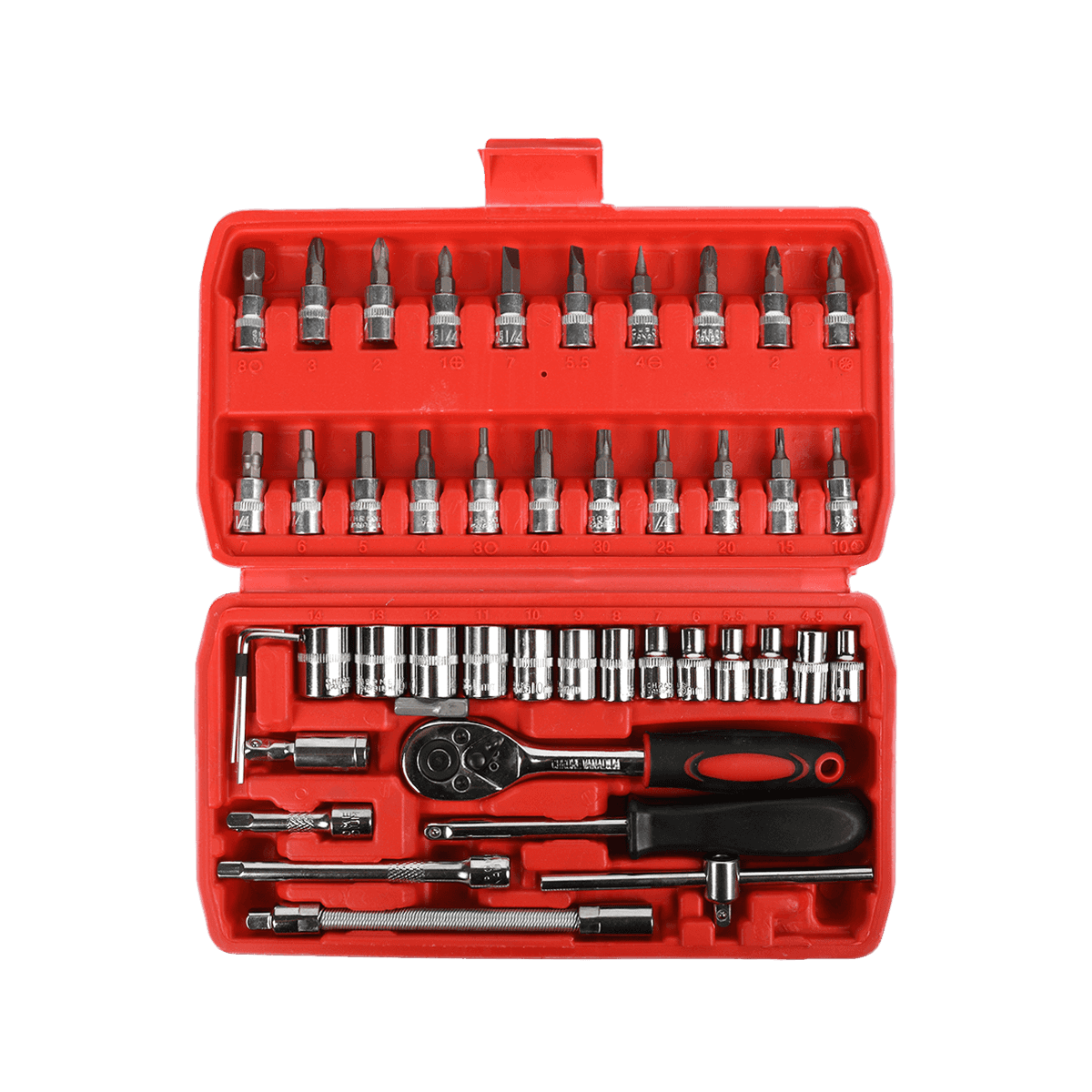 46 chiếc 1/4' dr Crv Steel Metric Car Repairing Toolbox Ổ cắm Bộ công cụ cờ lê có tay cầm bánh cóc