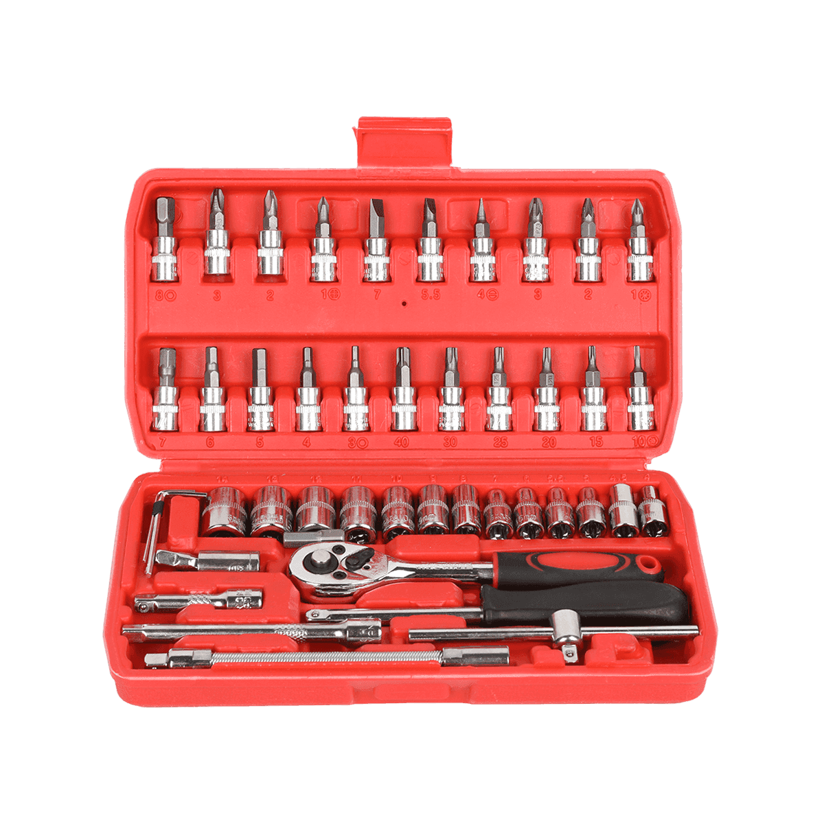 46 chiếc 1/4' dr Crv Steel Metric Car Repairing Toolbox Ổ cắm Bộ công cụ cờ lê có tay cầm bánh cóc